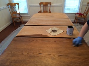 ugly oak refurb table top sanded first coat stain