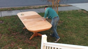 ugly oak table refurb diy sanding before paint before stain