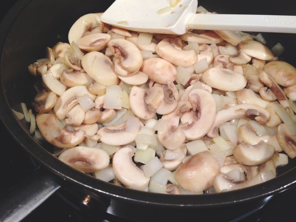 button mushrooms yellow onion butter olive oil saute translucent salt pepper 