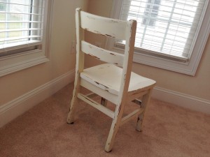 tiny white chair refurb final product back distress detail