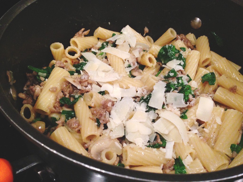 rigatoni italian sausage button mushrooms yellow onion homemade sauce chicken broth roux flour butter salt pepper garlic powder parmesan spinach 